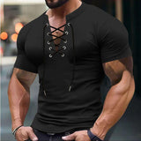 Men's Casual Lace-up V-neck Slim Short-sleeved T-shirt 09229126M