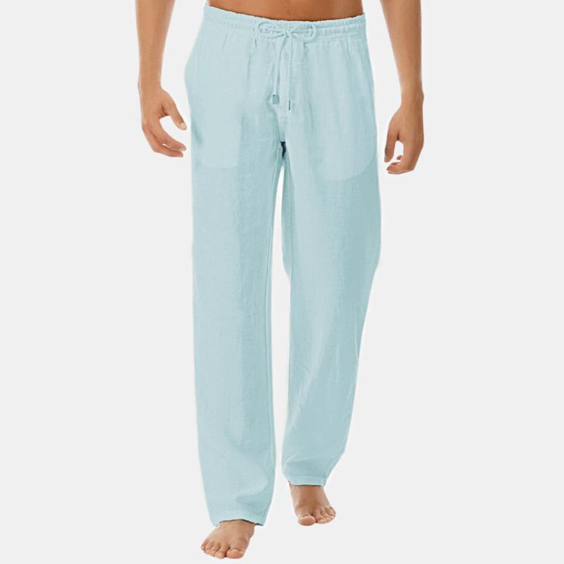 Men's Casual Solid Color Cotton Linen Drawstring Trousers 04144460Y