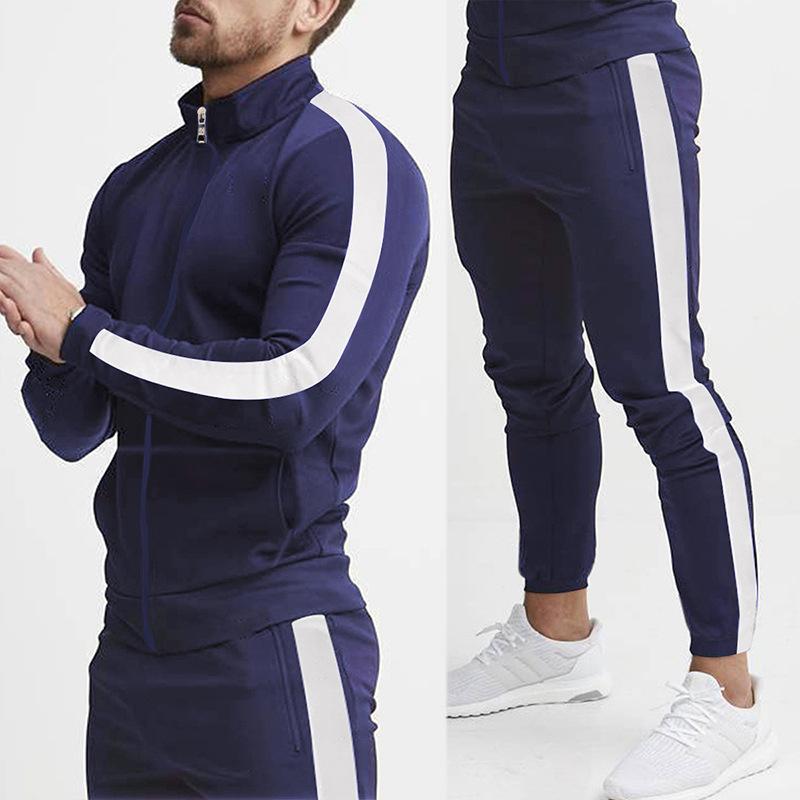 Men's Classic Casual Colorblock Slim Fit Stand Collar Zipper Sports Sweatshirt Loose Sweatpants Set 32460867K