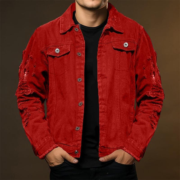 Men's Fashion Solid Color Ripped Loose Lapel Single Breasted Denim Jacket 25794818M