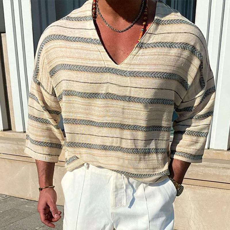 Men's Vintage Loose Stripe Printed V-Neck Long Sleeve T-Shirt 72952244Y