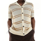 Men's Casual Striped Lapel Hollow Knitted Cardigan 31592725M