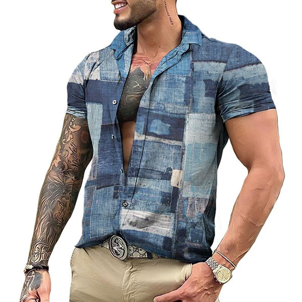 Men's Retro Color Block Lapel Short Sleeve Shirt 53118064TO