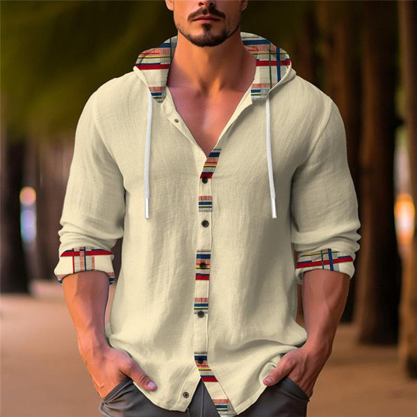 Men'S Casual Printed Patchwork Hooded Long Sleeve Shirt 23717644Y