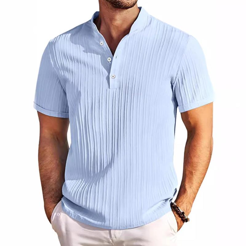 Men's Cotton And Linen Striped Henley Collar Short-Sleeved Shirt 62041492Y