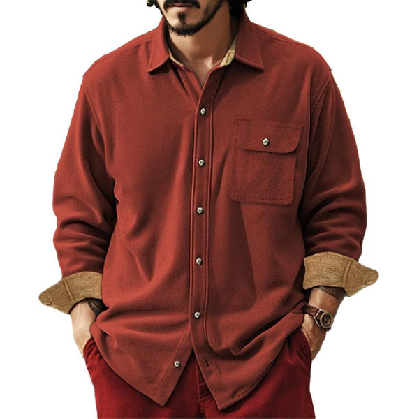 Men's Casual Solid Color Stitching Lapel Breast Pocket Long Sleeve Overshirt 87170148Y