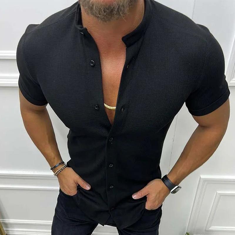 Men's Casual Solid Color Stand Collar Waffle Short Sleeve Shirt 42874660M