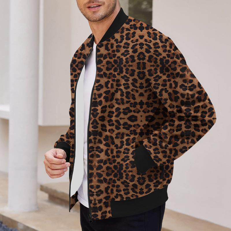 Men's Leopard Stand Collar Long Sleeve Zipper Jacket 00000454Z