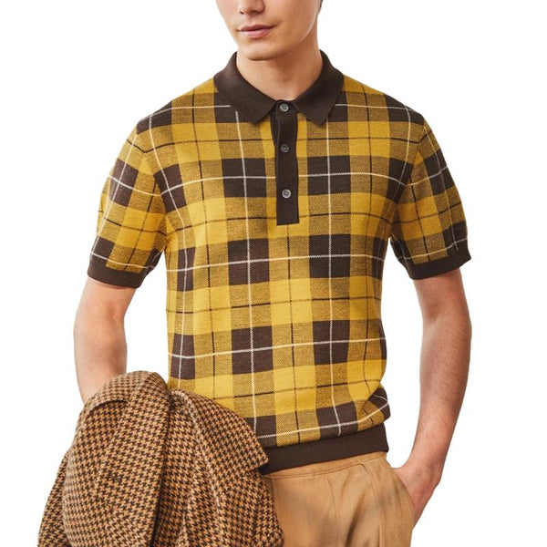 Men's Vintage Plaid Jacquard Knit Short Sleeve Polo Shirt 88083244M