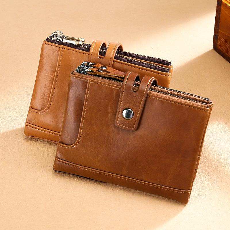 Men's Genuine Leather RFID Anti-theft Double Zipper Wax Wallet 87400898U