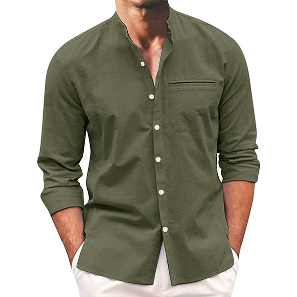 Men's Casual Stand Collar Cotton Linen Solid Color Long-Sleeved Shirt 53924113M
