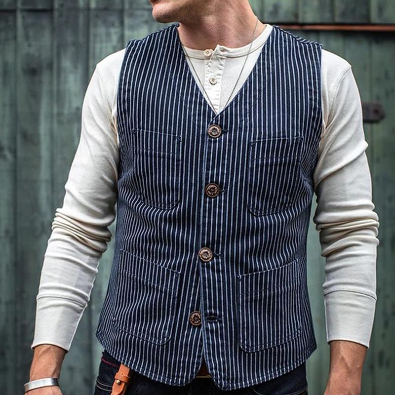 Men's Retro Vertical Striped V-Neck Vest 94445636U