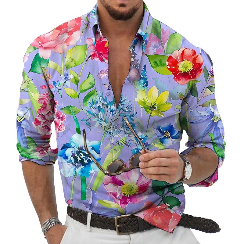 Men's Hawaiian Floral Print Long Sleeve Lapel Shirt 91670035X