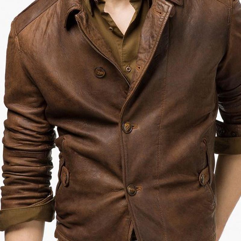 Men's Vintage Lapel Button Leather Jacket 27146447U