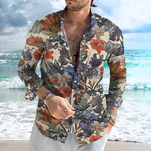 Men's Retro Floral Beach Street Long Sleeve Shirt 94469656TO