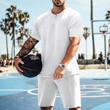 Men's Casual Solid Color Henley Collar Short Sleeve T-Shirt Shorts Set 77559604Y