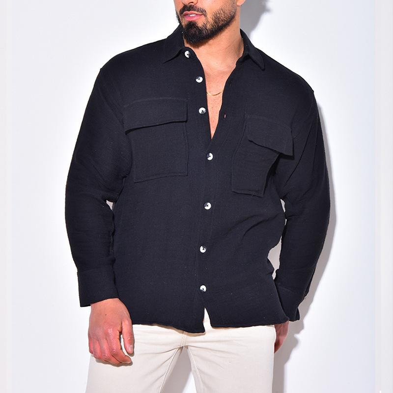 Men's Casual Cotton Linen Lapel Loose Long Sleeve Shirt 29623399M