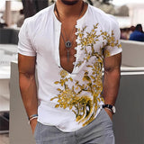 Men's Flower Printed Henley Collar Short Sleeve Shirt 90818986Z