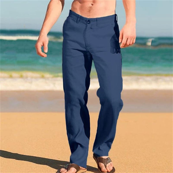 Men's Linen Beach Straight Solid Color Casual Pants 40187185X