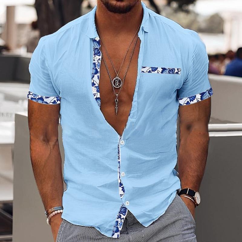 Men's Casual Floral Print Panel Lapel Short Sleeve Shirt 20896971Y