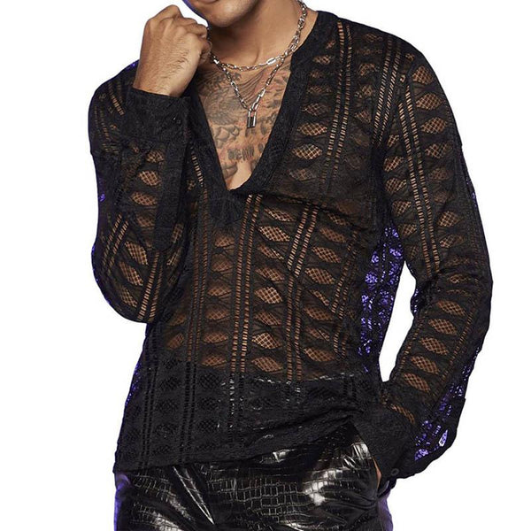 Men's Sexy Deep V-Neck Mesh Hollow Slim Long Sleeve T-shirt 62434116M