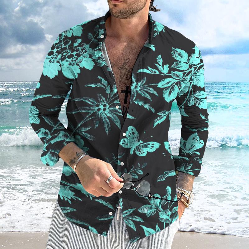 Men's Retro Floral Beach Street Long Sleeve Shirt 62197861TO