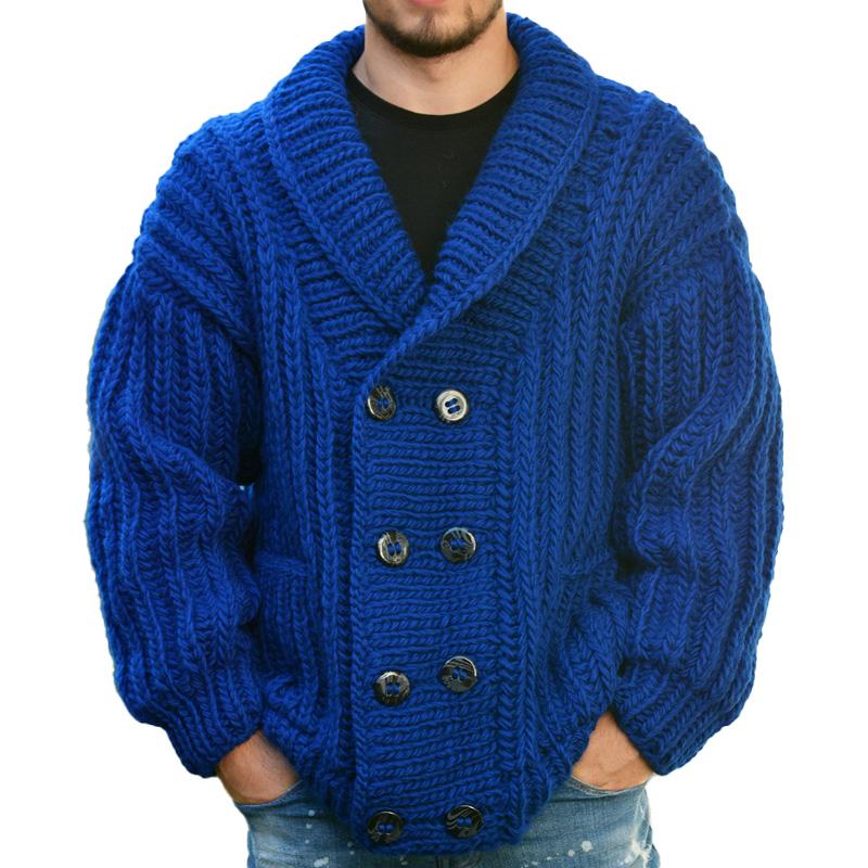 Men's Casual Solid Color Lapel Double Breasted Long SLeeve Knitted Cardigan 30827802M