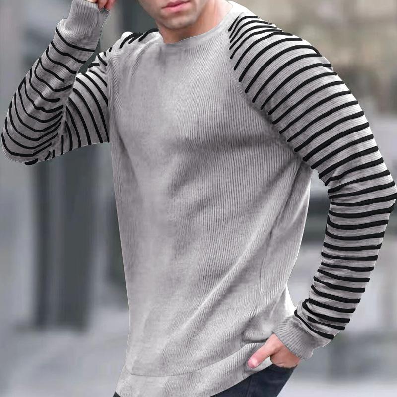 Men's Casual Round Neck Striped Stitching Long-Sleeved Pullover Sweatshirt 47477052M