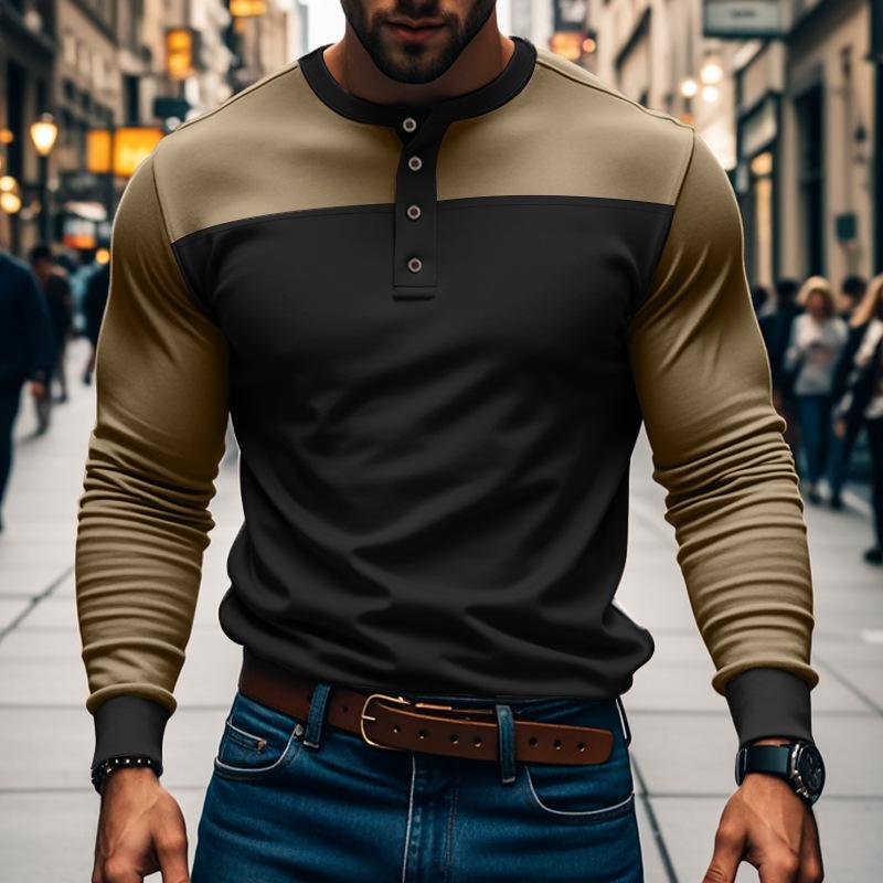 Men's Slim Fit Long Sleeve Paneled Bottoming Henley T-Shirt 88312026X