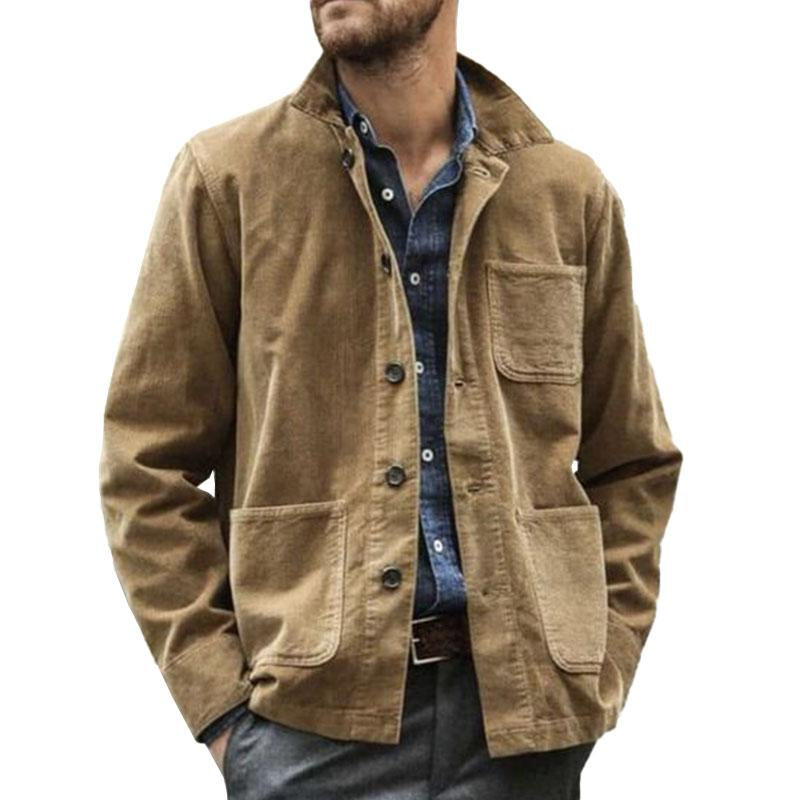 【24-Stunden-Versand】Herren Vintage einfarbige Arbeitsjacke mit mehreren Taschen und Revers, lange Ärmel, 32788666M