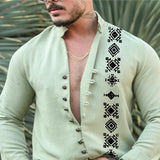 Men's Casual Printed Stand Collar Single Breasted Long Sleeve Shirt 20160195Y