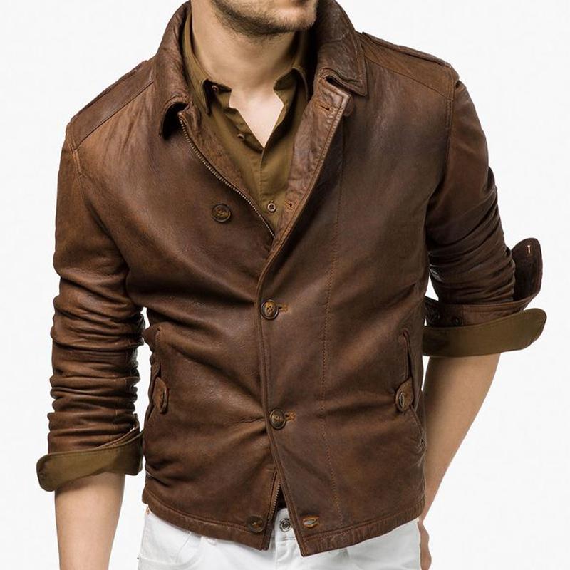 Men's Vintage Lapel Button Leather Jacket 27146447U