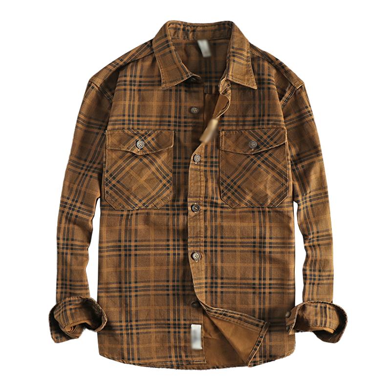 Men's Retro Plaid Cotton Lapel Flap Pocket Long-Sleeved Shirt 65414267M