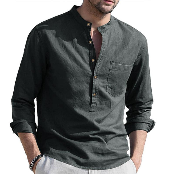 Men Casual Plain Cotton Henley Collar Breast Pocket Long Sleeve Shirt 32793027Y