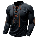 Men's Vintage Tie Stand Collar Solid Color Long Sleeve T-Shirt 89511227M