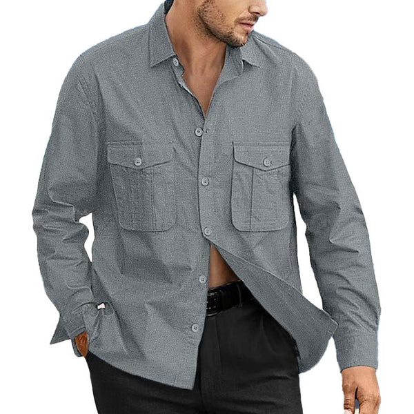 Men's Casual Cotton And Linen Double Breast Pocket Long Sleeve Shirt 65409081Y