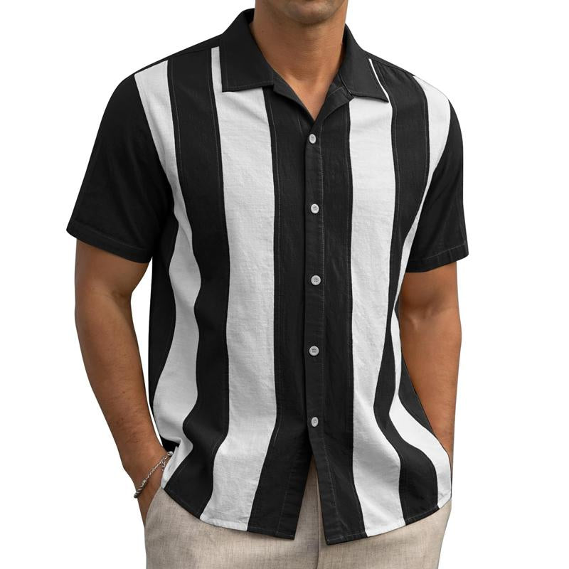 Men's Vintage Contrast Stripe Patchwork Cuban Collar Short-Sleeved Shirt 50213815M