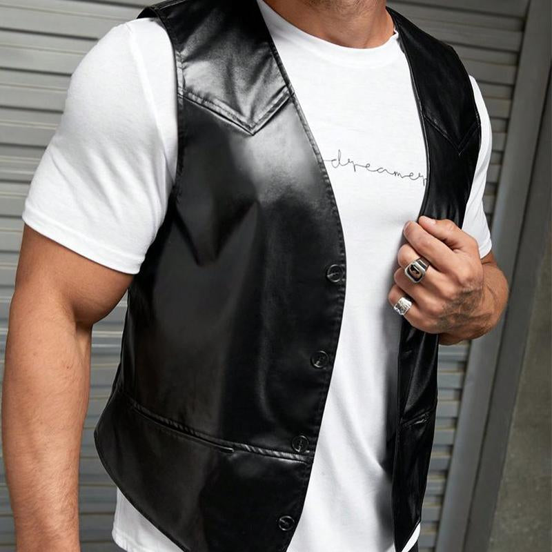 Men's V-neck Shiny Black Leather Vest 78558595U