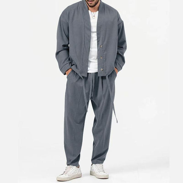 Men's Solid Loose Collarless Cardigan Trousers Casual Set 26852204Z