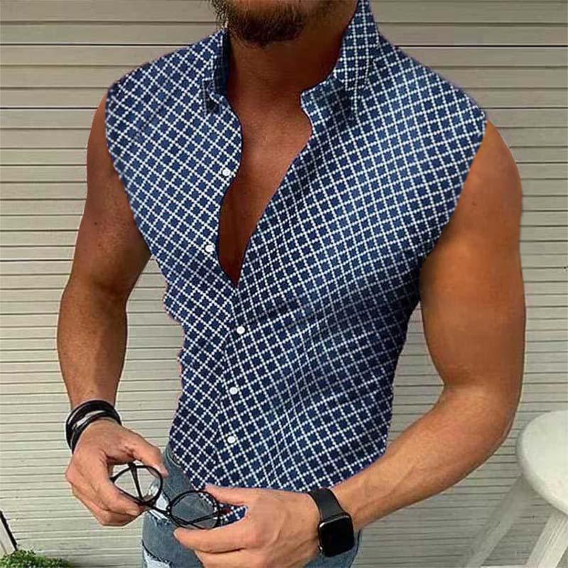 Men's Casual Printed Lapel Short Sleeveless Shirt 43830035TO