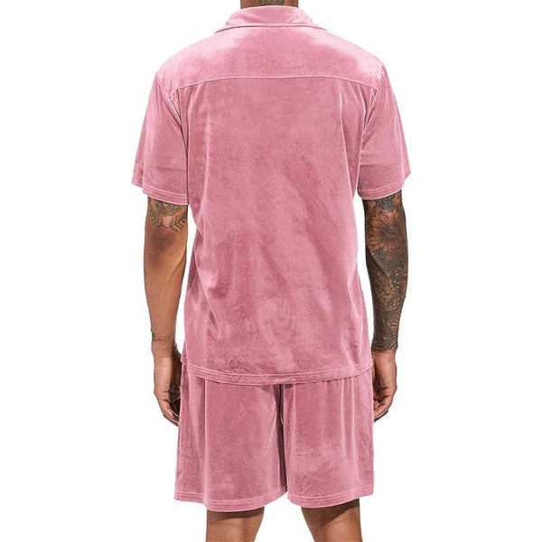 Men's Casual Loose Solid Color Velvet Short-sleeved Shirt and Shorts Set 70847239M