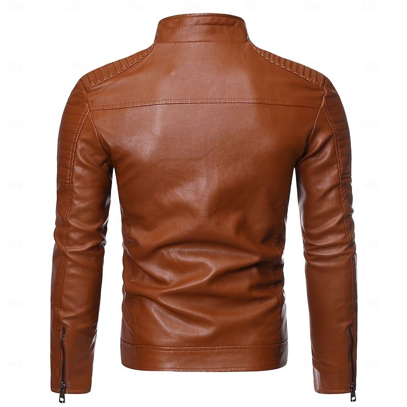 Men's Casual Stand Collar Zippered Chest Pocket Motorcycle Leather Jacket 46350057Y