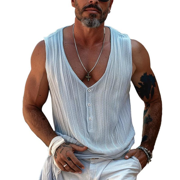 Men's Cotton And Linen Deep V-Neck Button-Up Tank Top 09684609Y