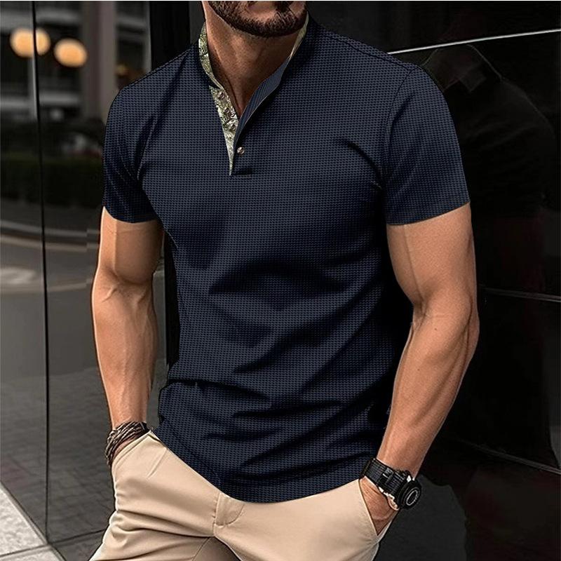 Men's Solid Color Waffle Stand Collar Short Sleeve  Shirt 29674838X