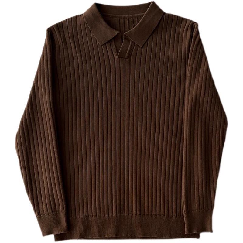 Men's Retro Classic Casual Solid Color Threaded Elastic Lapel Slim Fit Sweater 08924828K