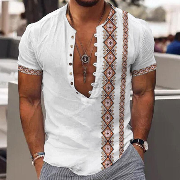 Men's Vintage Printed Panel Round Neck Short Sleeve Shirt 82975141Y