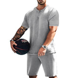 Men's Casual Solid Color Henley Collar Short Sleeve T-Shirt Shorts Set 77559604Y