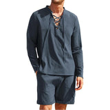Men's Casual Solid Color Cotton Bandage Stand Collar Long Sleeve Shirt Shorts Set 59552911Y