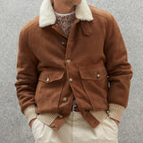 Men's Vintage Fur Collar Flap Pockets Suede Single Breasted Padded Jacket 35263238M