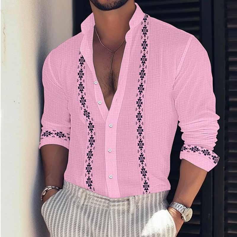 Herren Sommer Print Strand Urlaub Stehkragen Langarm Hemd 72122320X